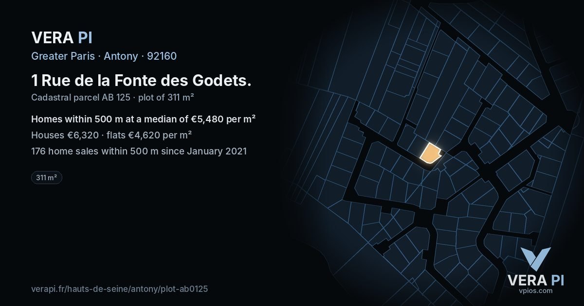1 Rue de la Fonte des Godets, Antony at night – the plot lit, the parcels around coloured by the prices near them