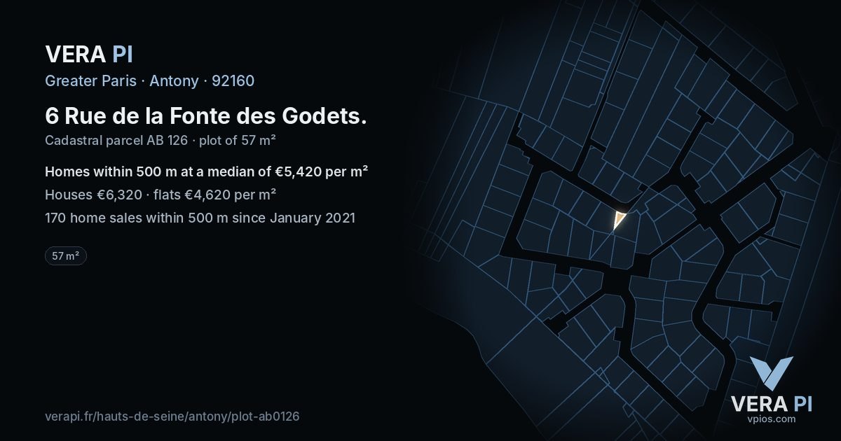 6 Rue de la Fonte des Godets, Antony at night – the plot lit, the parcels around coloured by the prices near them