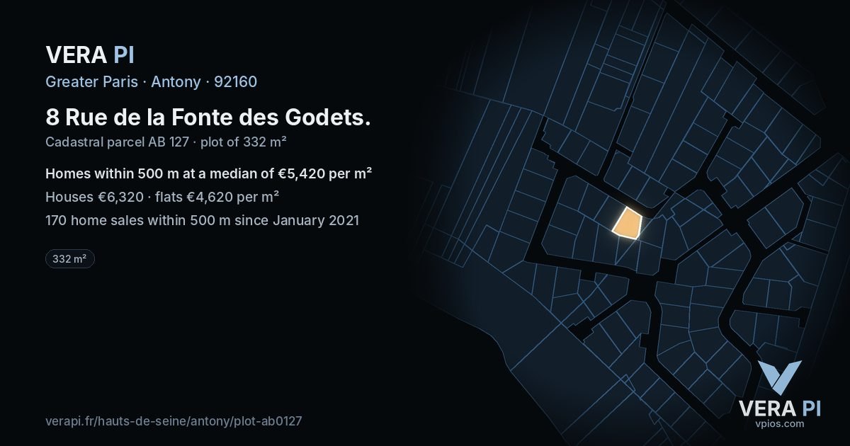 8 Rue de la Fonte des Godets, Antony at night – the plot lit, the parcels around coloured by the prices near them