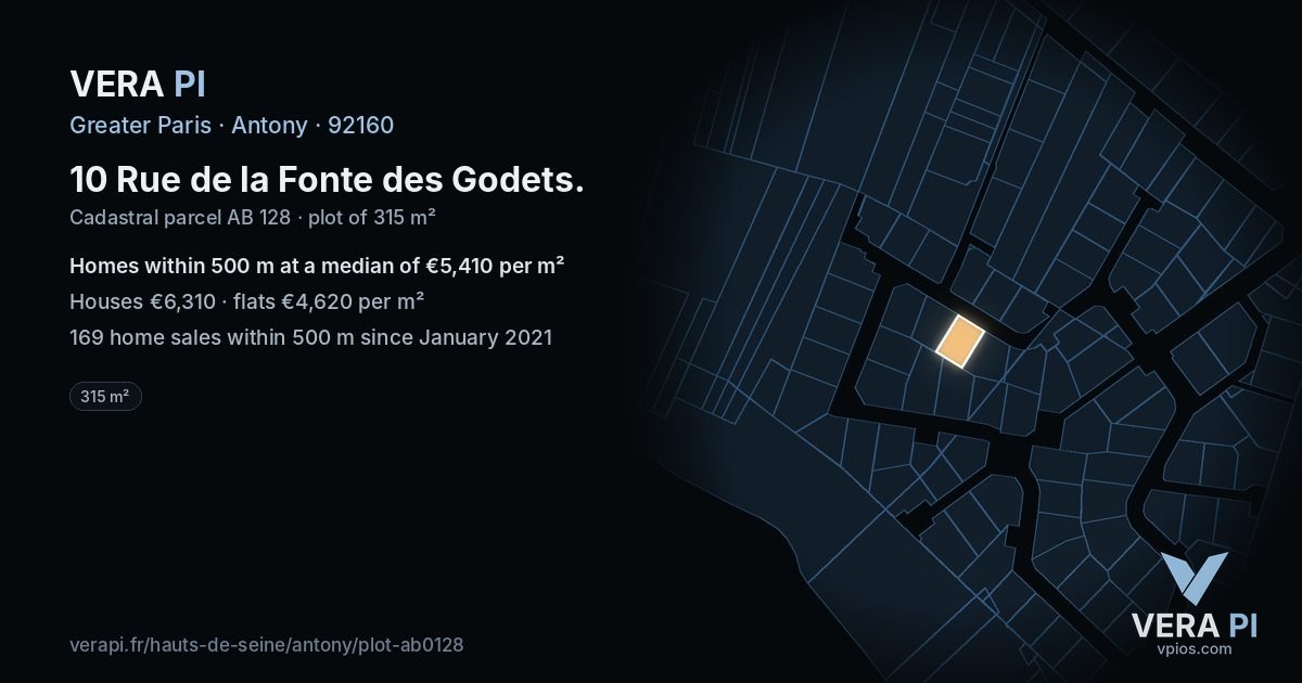 10 Rue de la Fonte des Godets, Antony at night – the plot lit, the parcels around coloured by the prices near them