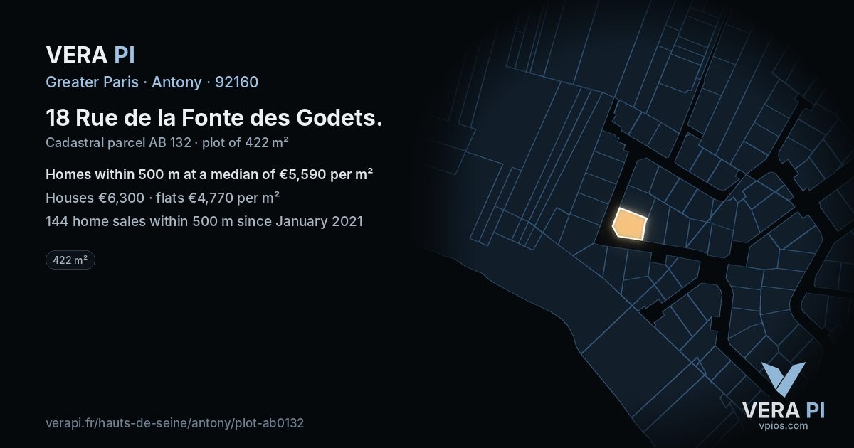 18 Rue de la Fonte des Godets, Antony at night – the plot lit, the parcels around coloured by the prices near them