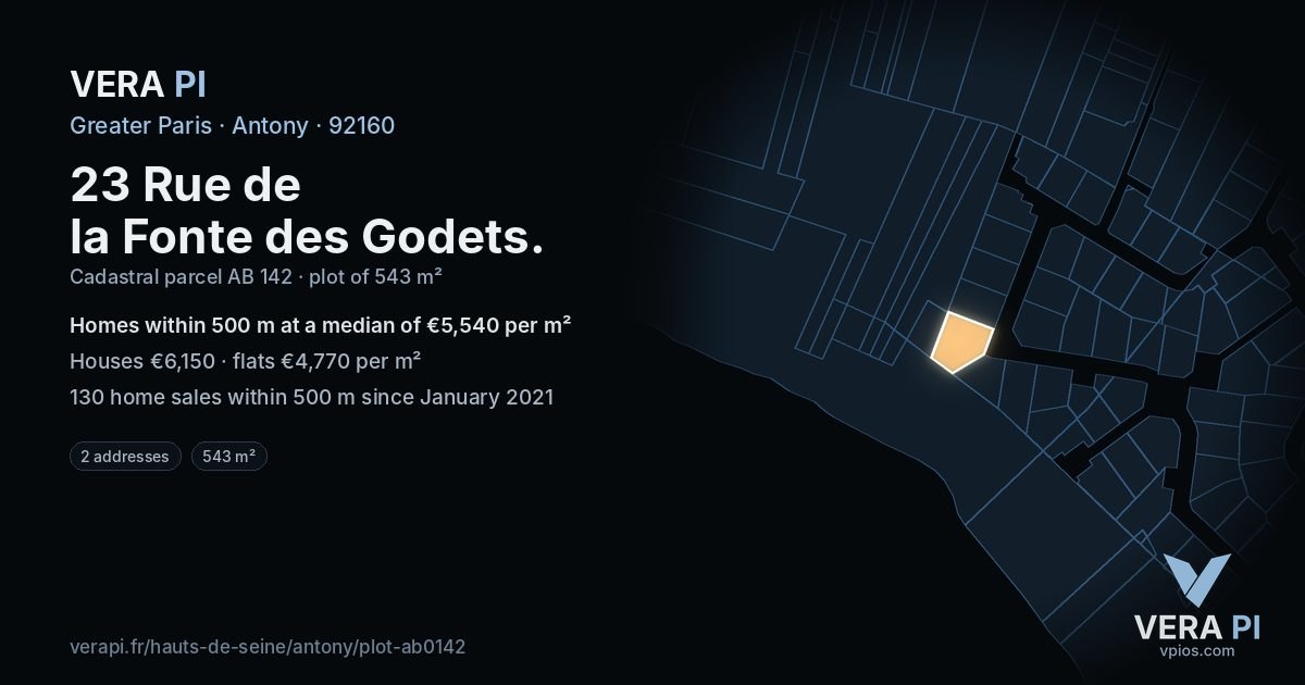 23 Rue de la Fonte des Godets, Antony at night – the plot lit, the parcels around coloured by the prices near them