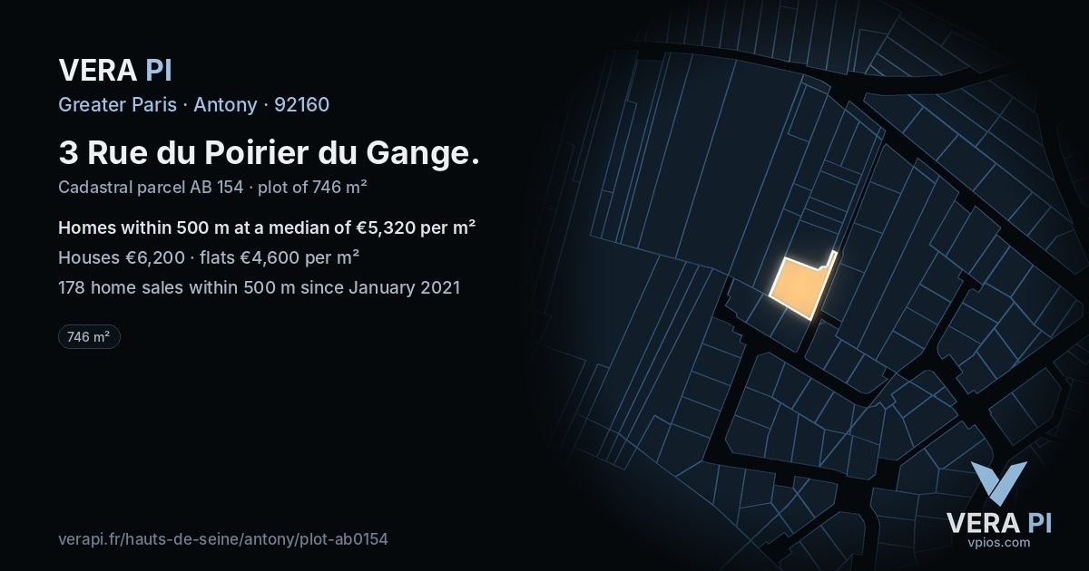 3 Rue du Poirier du Gange, Antony at night – the plot lit, the parcels around coloured by the prices near them