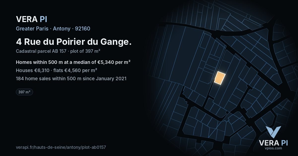 4 Rue du Poirier du Gange, Antony at night – the plot lit, the parcels around coloured by the prices near them