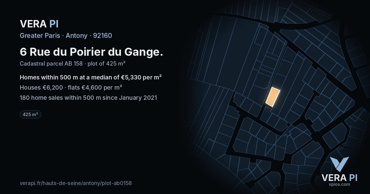 6 Rue du Poirier du Gange, Antony at night – the plot lit, the parcels around coloured by the prices near them
