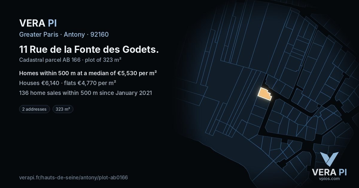 11 Rue de la Fonte des Godets, Antony at night – the plot lit, the parcels around coloured by the prices near them