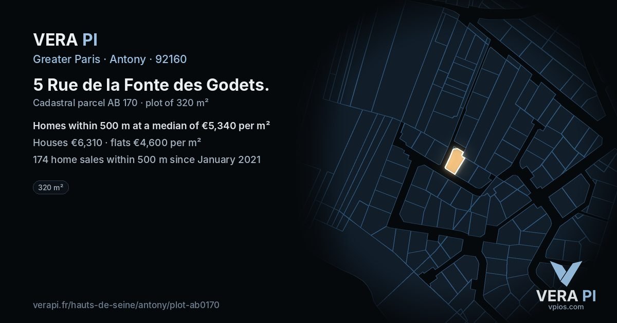 5 Rue de la Fonte des Godets, Antony at night – the plot lit, the parcels around coloured by the prices near them