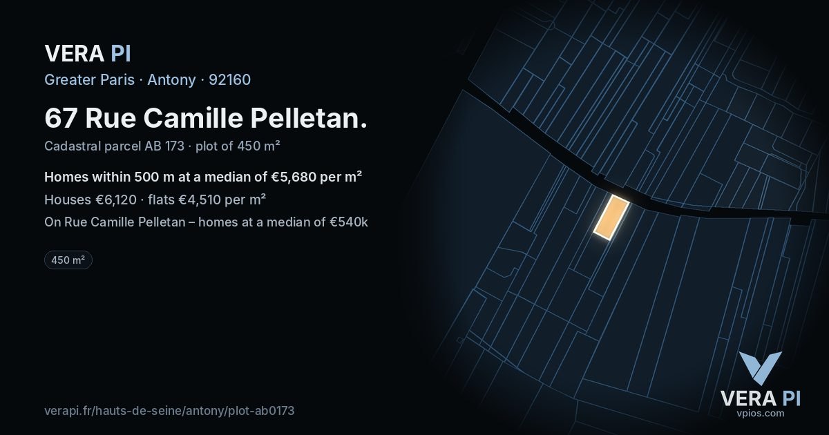 67 Rue Camille Pelletan, Antony at night – the plot lit, the parcels around coloured by the prices near them