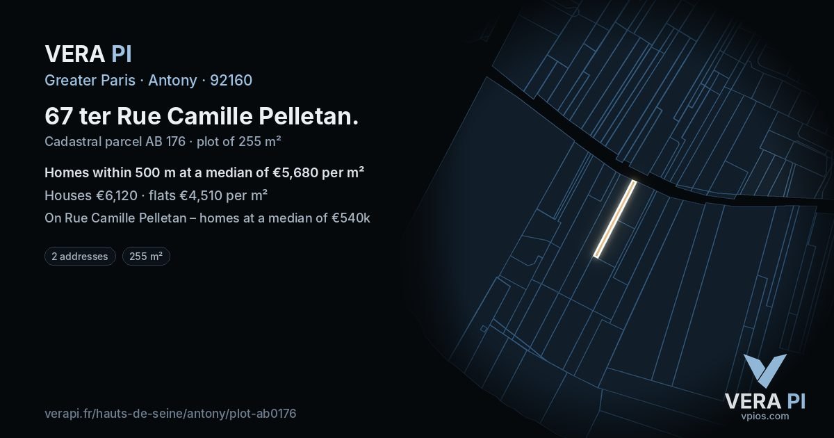 67 ter Rue Camille Pelletan, Antony at night – the plot lit, the parcels around coloured by the prices near them