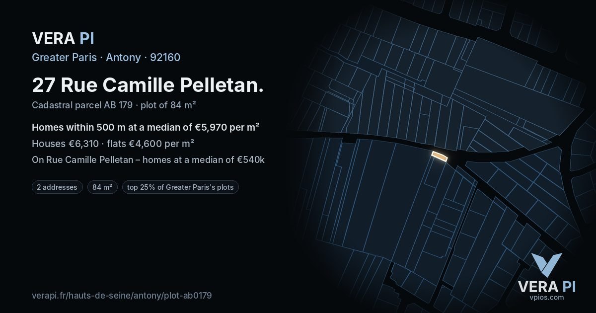 27 Rue Camille Pelletan, Antony at night – the plot lit, the parcels around coloured by the prices near them