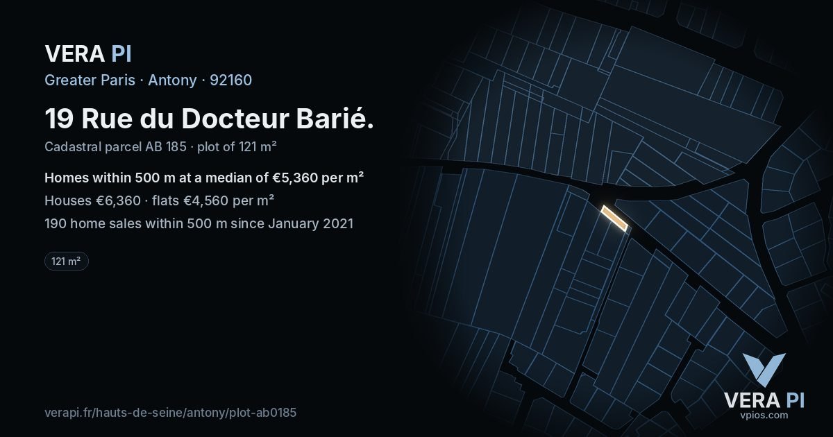 19 Rue du Docteur Barié, Antony at night – the plot lit, the parcels around coloured by the prices near them