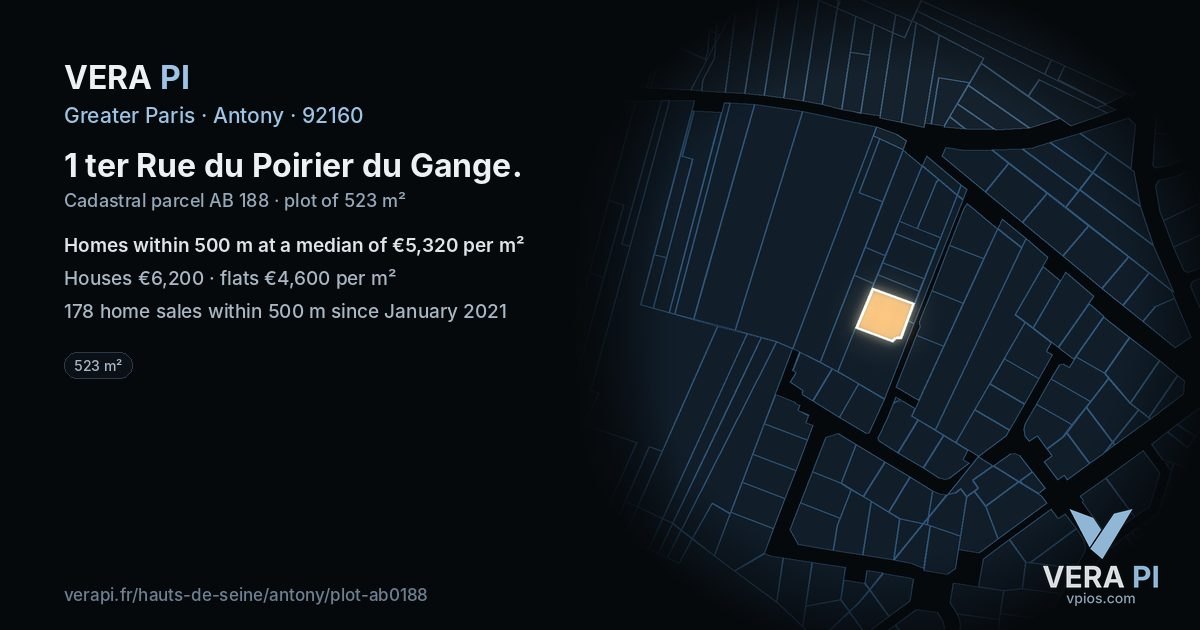 1 ter Rue du Poirier du Gange, Antony at night – the plot lit, the parcels around coloured by the prices near them