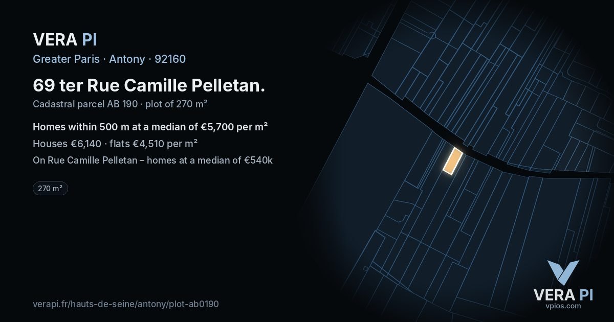 69 ter Rue Camille Pelletan, Antony at night – the plot lit, the parcels around coloured by the prices near them
