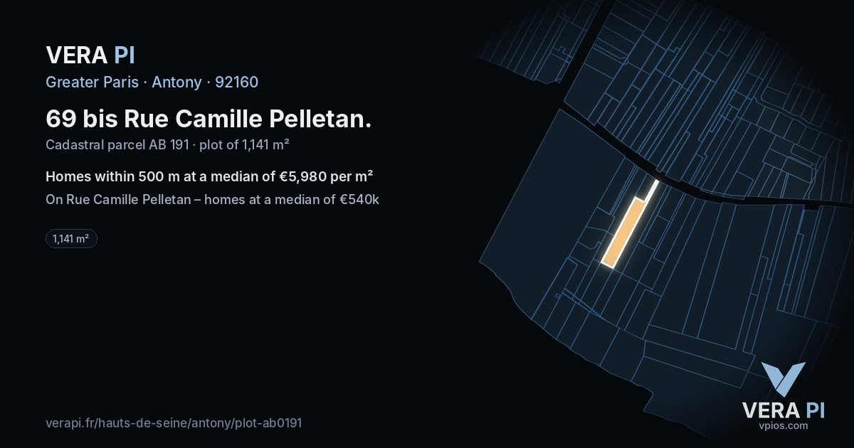 69 bis Rue Camille Pelletan, Antony at night – the plot lit, the parcels around coloured by the prices near them