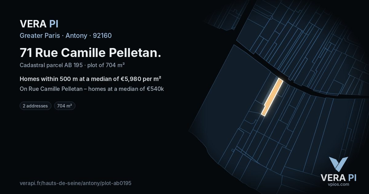 71 Rue Camille Pelletan, Antony at night – the plot lit, the parcels around coloured by the prices near them