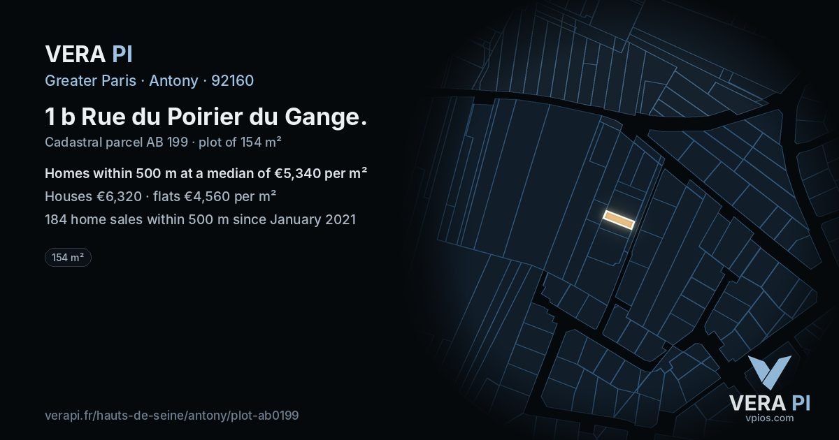 1 b Rue du Poirier du Gange, Antony at night – the plot lit, the parcels around coloured by the prices near them