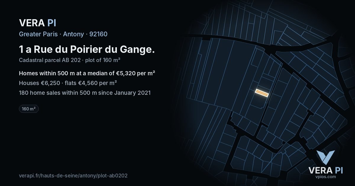 1 a Rue du Poirier du Gange, Antony at night – the plot lit, the parcels around coloured by the prices near them