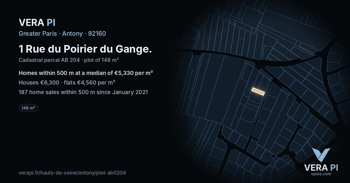 1 Rue du Poirier du Gange, Antony at night – the plot lit, the parcels around coloured by the prices near them