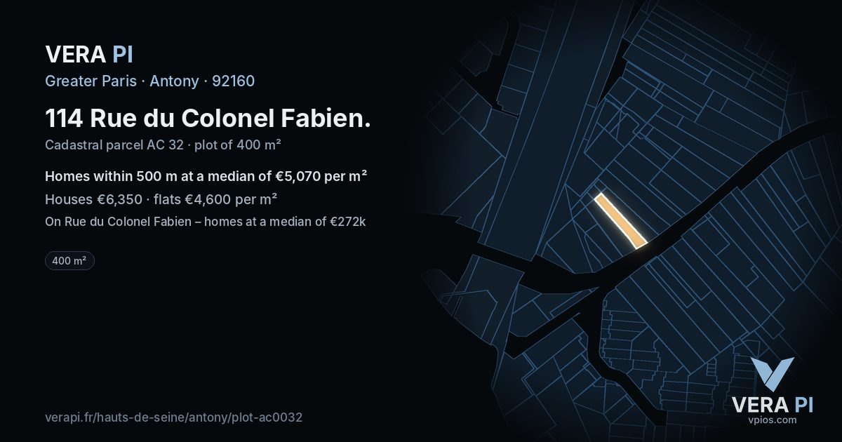 114 Rue du Colonel Fabien, Antony at night – the plot lit, the parcels around coloured by the prices near them