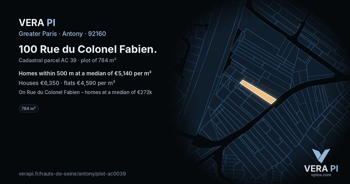 100 Rue du Colonel Fabien, Antony at night – the plot lit, the parcels around coloured by the prices near them