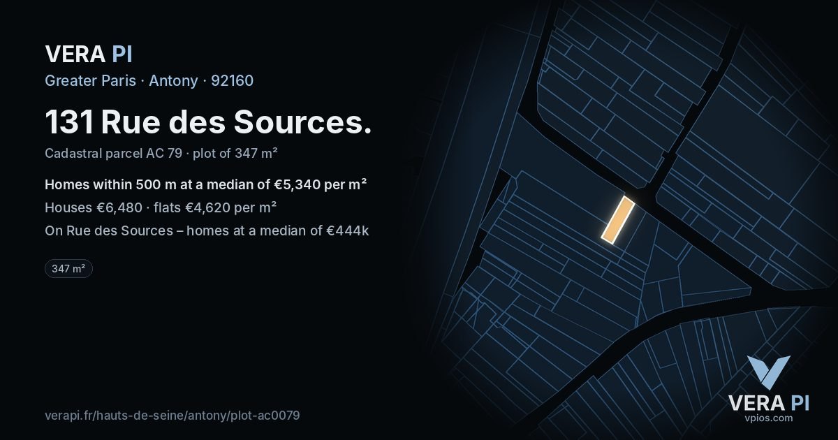 131 Rue des Sources, Antony at night – the plot lit, the parcels around coloured by the prices near them