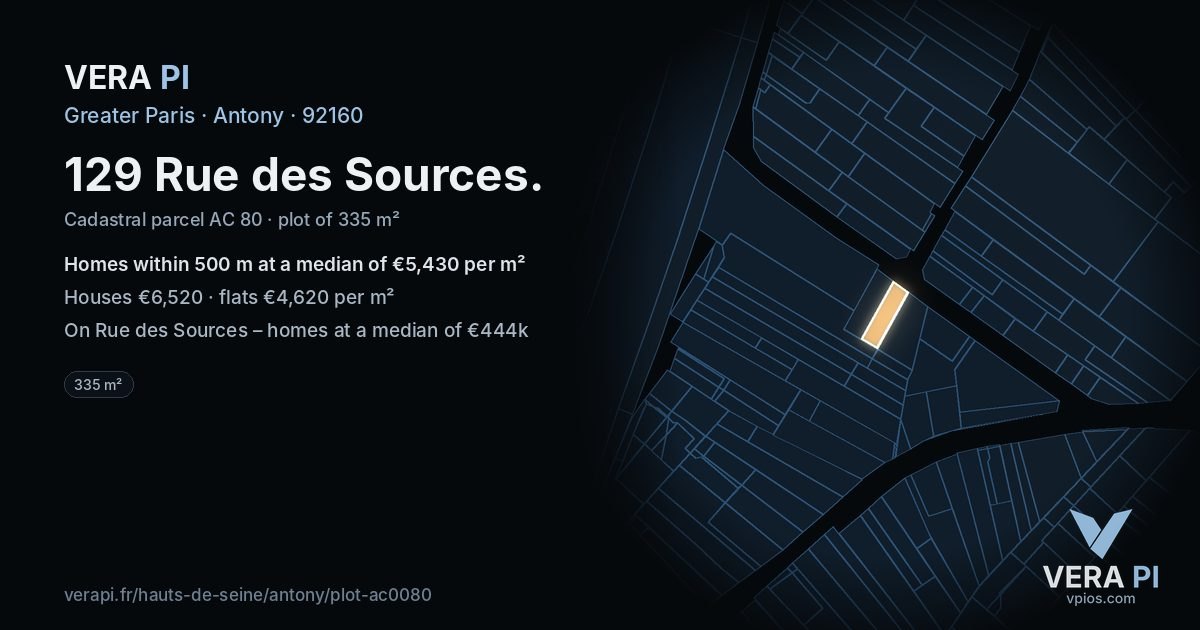 129 Rue des Sources, Antony at night – the plot lit, the parcels around coloured by the prices near them
