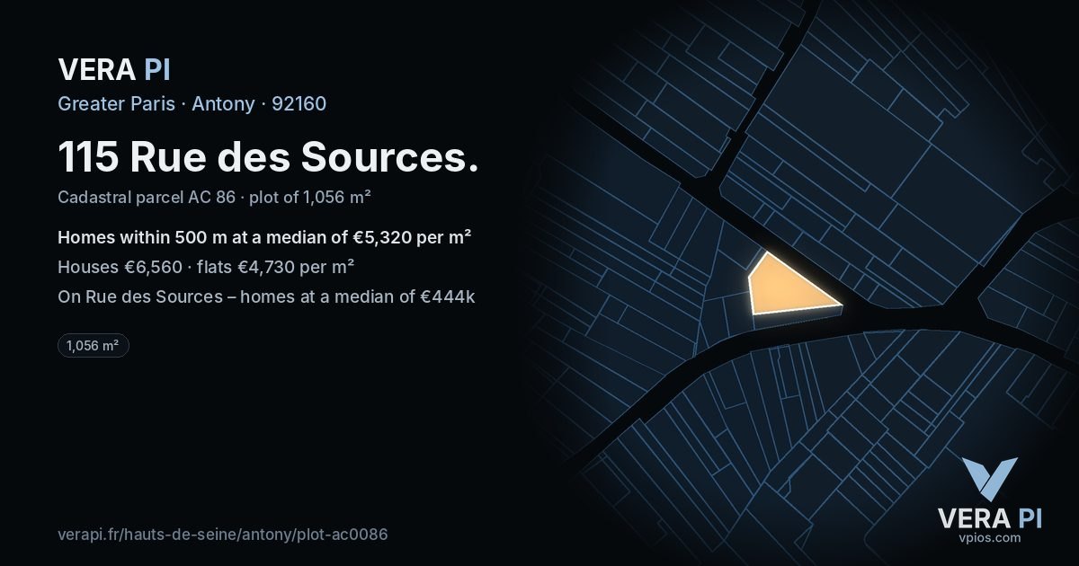 115 Rue des Sources, Antony at night – the plot lit, the parcels around coloured by the prices near them