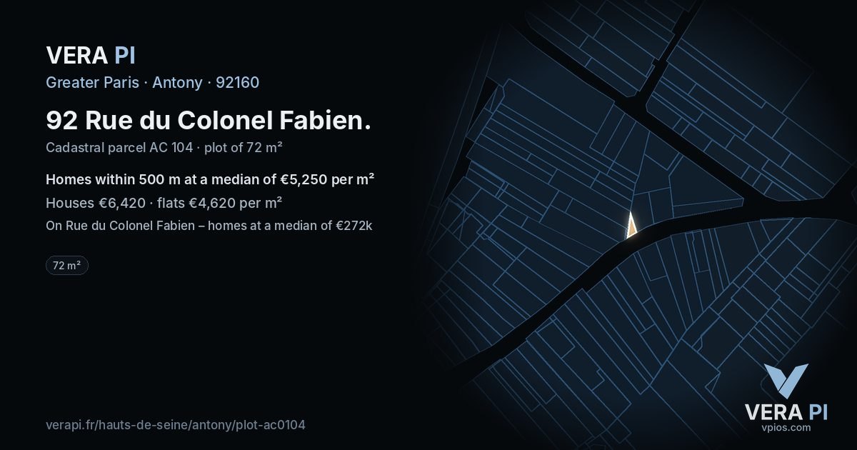 92 Rue du Colonel Fabien, Antony at night – the plot lit, the parcels around coloured by the prices near them
