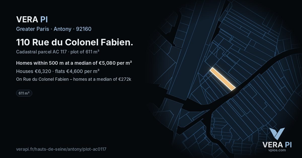 110 Rue du Colonel Fabien, Antony at night – the plot lit, the parcels around coloured by the prices near them
