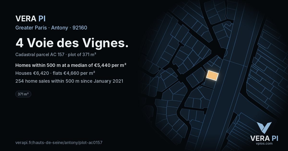 4 Voie des Vignes, Antony at night – the plot lit, the parcels around coloured by the prices near them