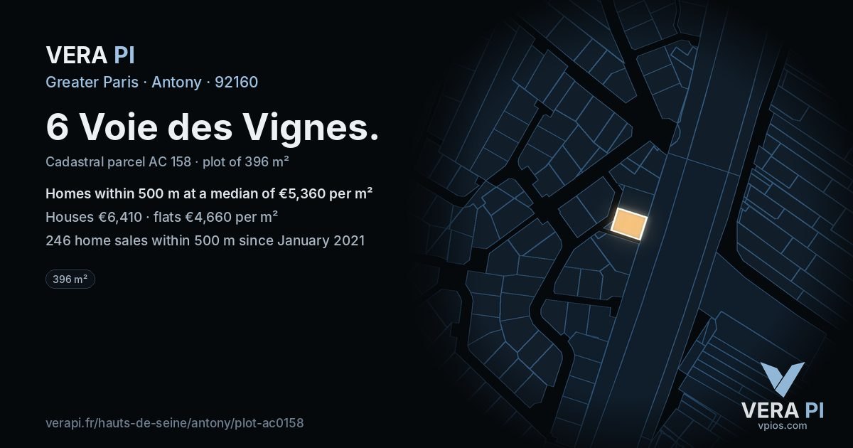 6 Voie des Vignes, Antony at night – the plot lit, the parcels around coloured by the prices near them