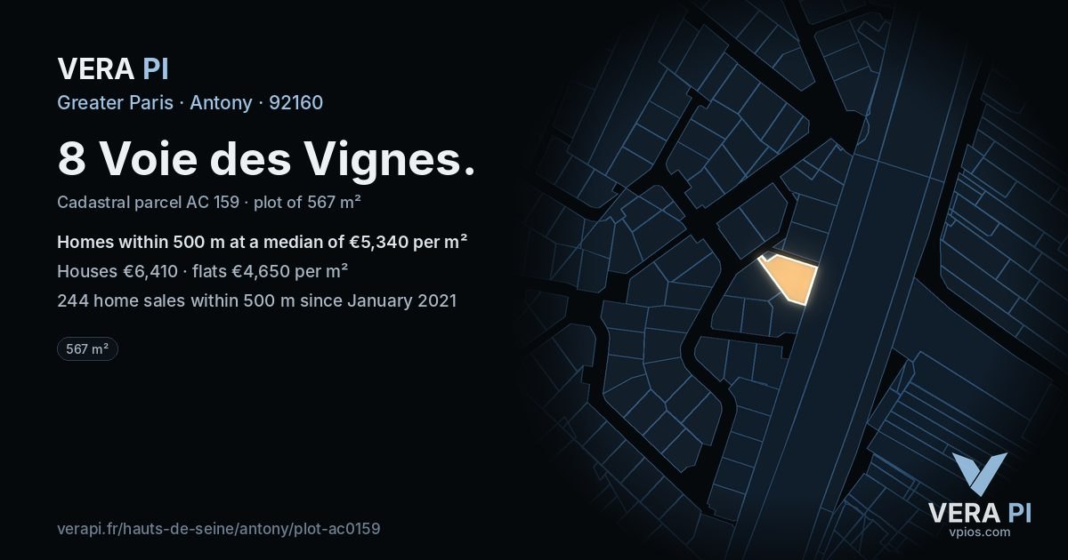 8 Voie des Vignes, Antony at night – the plot lit, the parcels around coloured by the prices near them