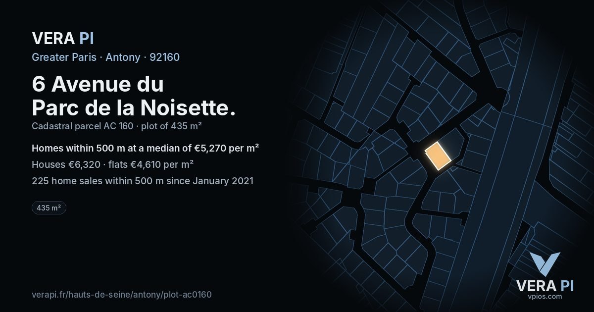 6 Avenue du Parc de la Noisette, Antony at night – the plot lit, the parcels around coloured by the prices near them