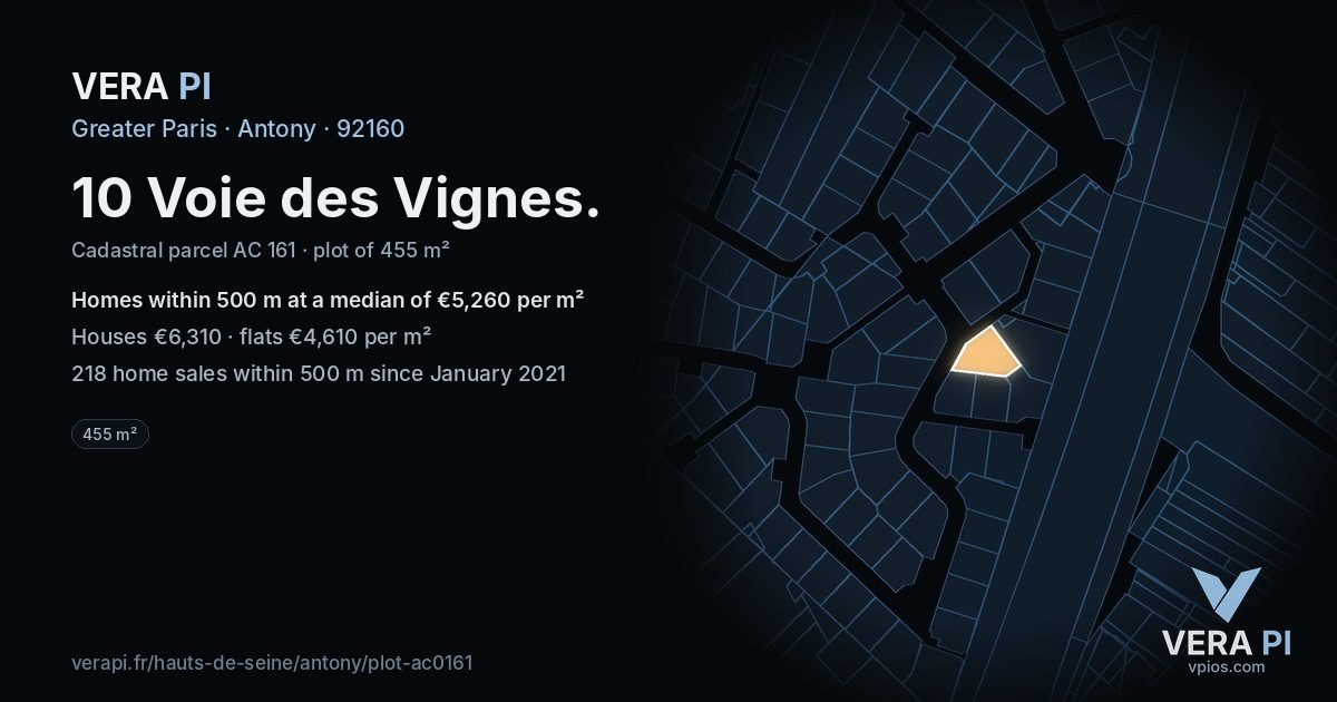 10 Voie des Vignes, Antony at night – the plot lit, the parcels around coloured by the prices near them
