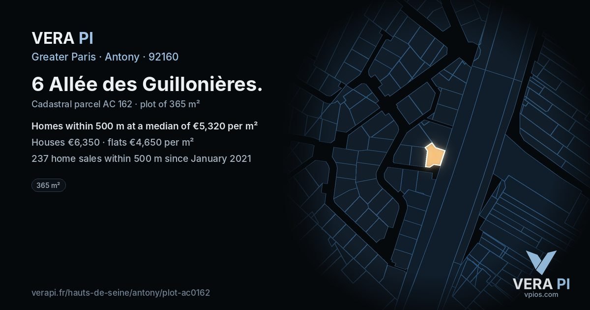 6 Allée des Guillonières, Antony at night – the plot lit, the parcels around coloured by the prices near them