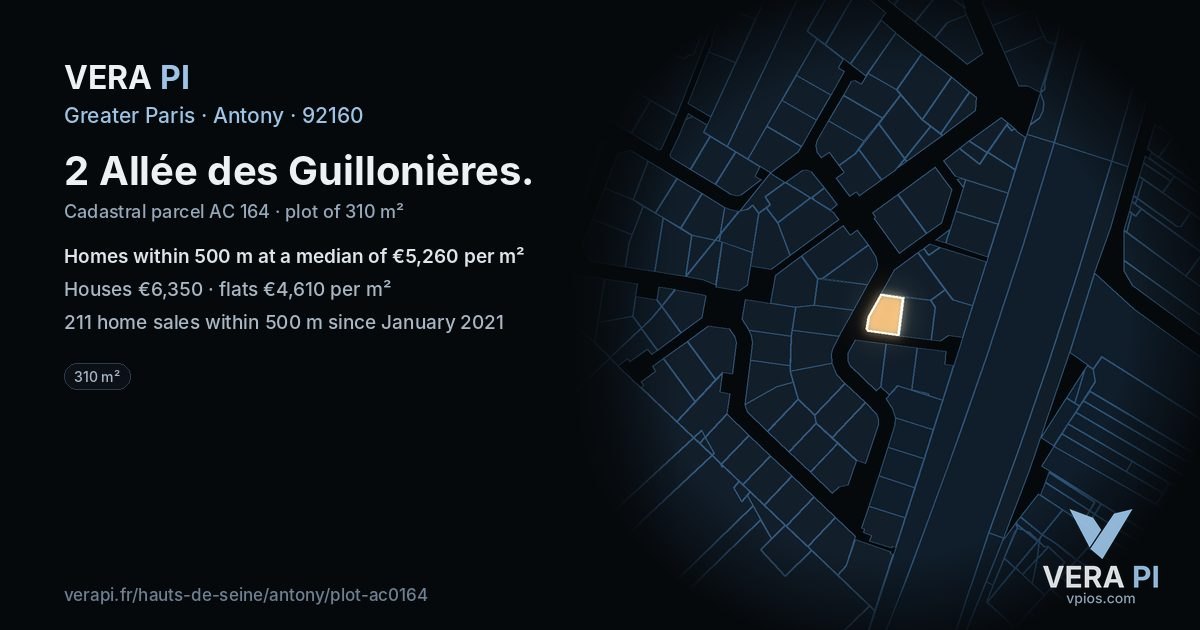 2 Allée des Guillonières, Antony at night – the plot lit, the parcels around coloured by the prices near them