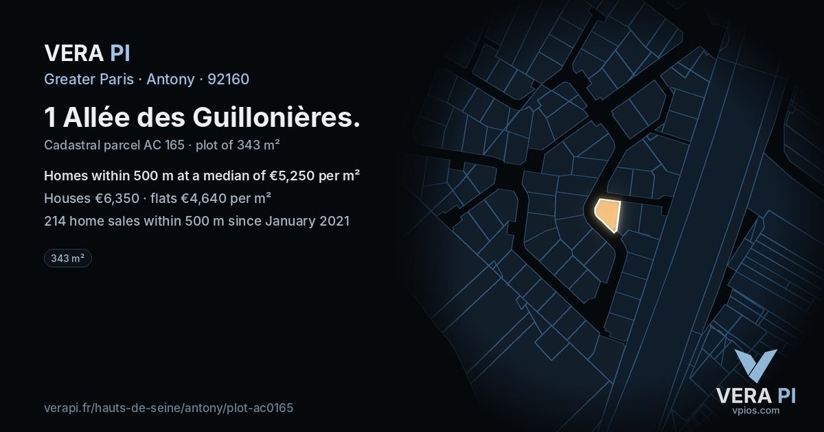1 Allée des Guillonières, Antony at night – the plot lit, the parcels around coloured by the prices near them