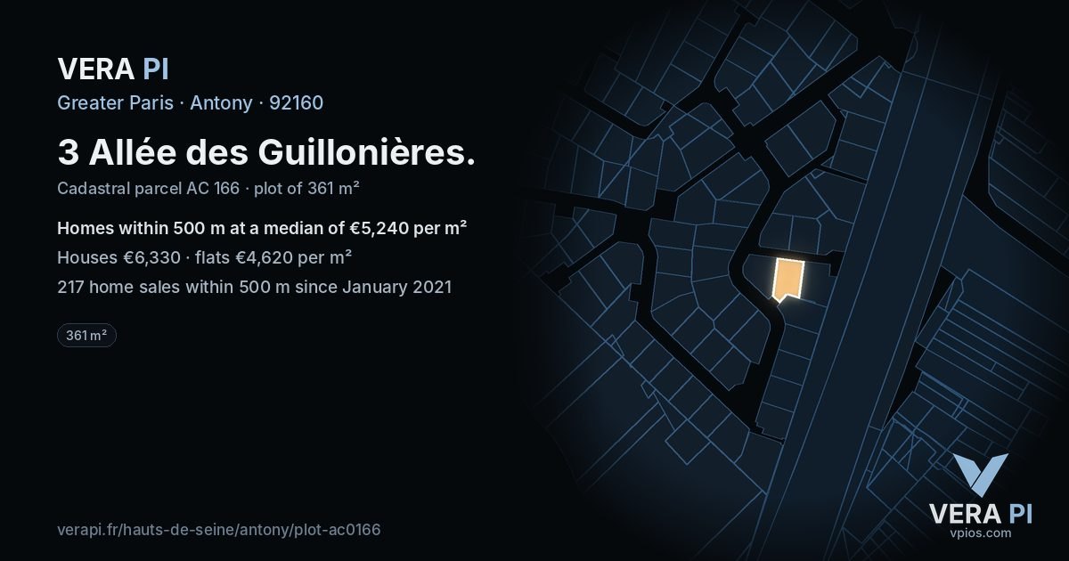3 Allée des Guillonières, Antony at night – the plot lit, the parcels around coloured by the prices near them