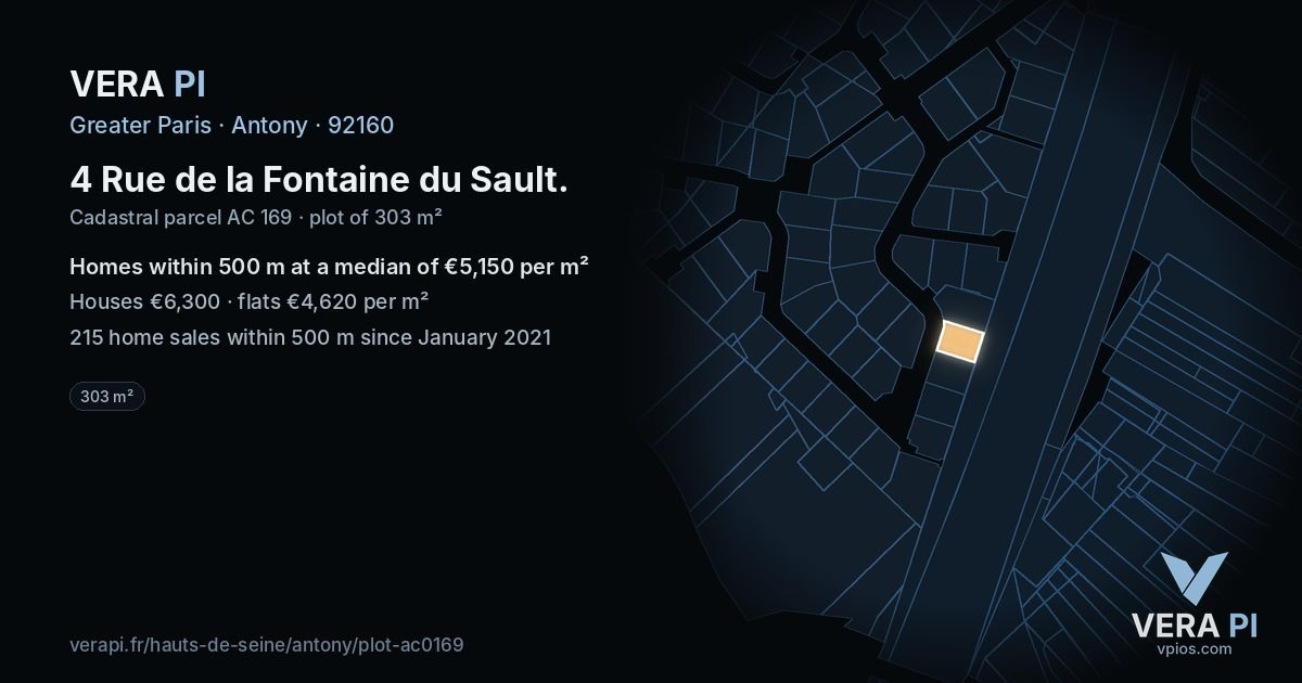 4 Rue de la Fontaine du Sault, Antony at night – the plot lit, the parcels around coloured by the prices near them