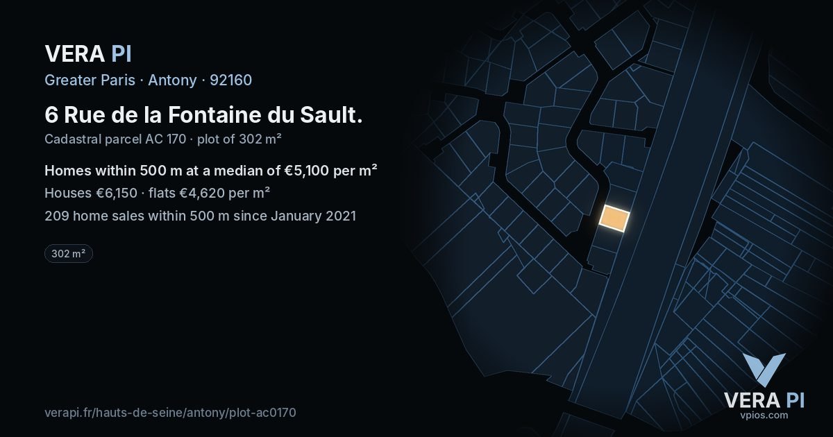 6 Rue de la Fontaine du Sault, Antony at night – the plot lit, the parcels around coloured by the prices near them