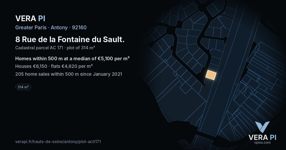 8 Rue de la Fontaine du Sault, Antony at night – the plot lit, the parcels around coloured by the prices near them