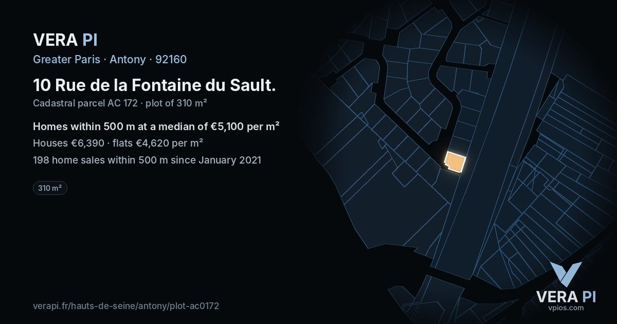 10 Rue de la Fontaine du Sault, Antony at night – the plot lit, the parcels around coloured by the prices near them