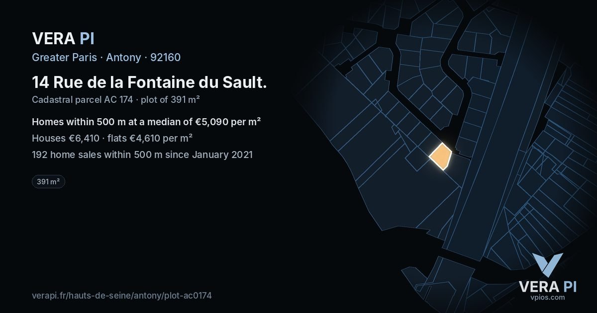 14 Rue de la Fontaine du Sault, Antony at night – the plot lit, the parcels around coloured by the prices near them