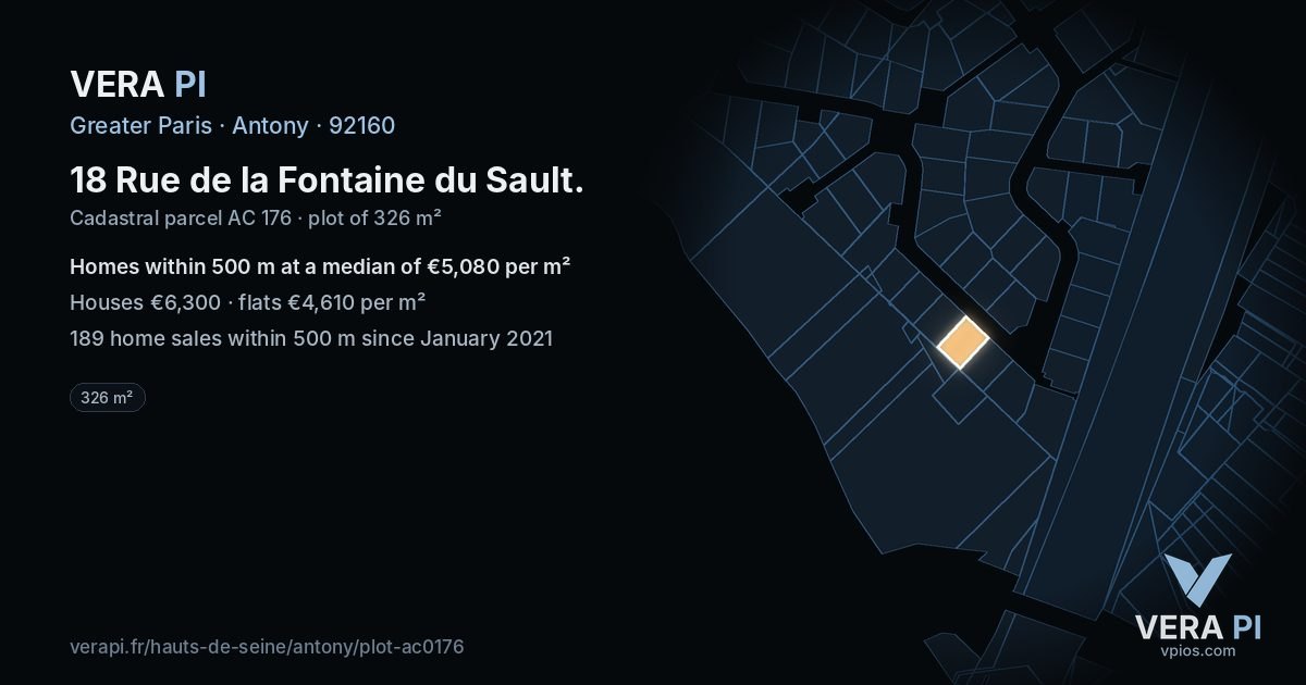 18 Rue de la Fontaine du Sault, Antony at night – the plot lit, the parcels around coloured by the prices near them