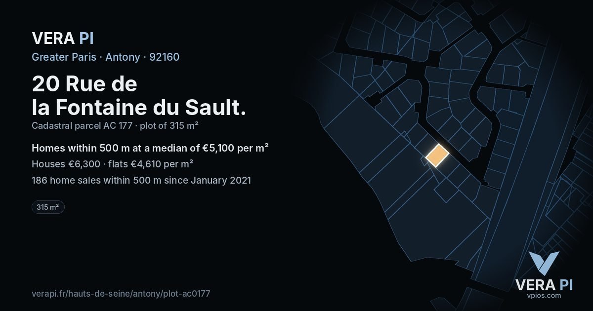 20 Rue de la Fontaine du Sault, Antony at night – the plot lit, the parcels around coloured by the prices near them