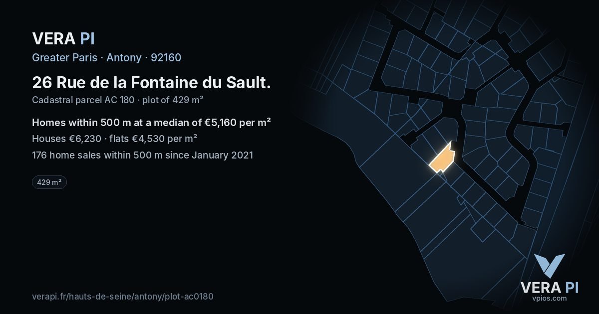 26 Rue de la Fontaine du Sault, Antony at night – the plot lit, the parcels around coloured by the prices near them