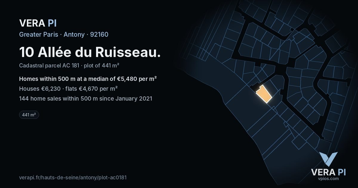 10 Allée du Ruisseau, Antony at night – the plot lit, the parcels around coloured by the prices near them