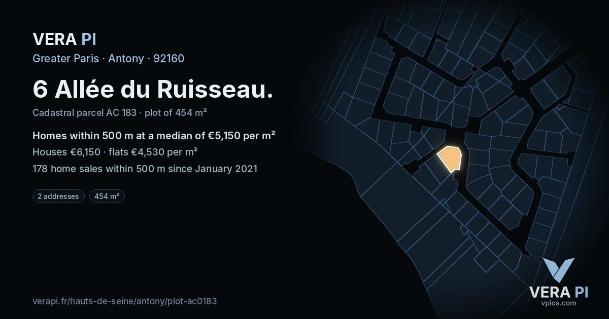 6 Allée du Ruisseau, Antony at night – the plot lit, the parcels around coloured by the prices near them