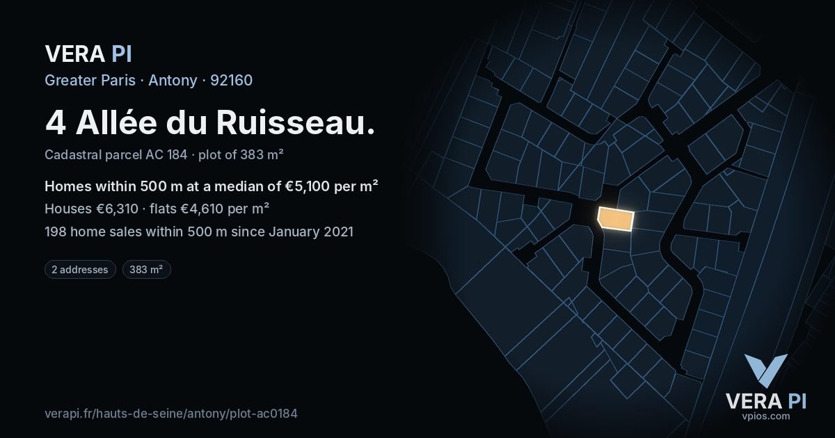 4 Allée du Ruisseau, Antony at night – the plot lit, the parcels around coloured by the prices near them