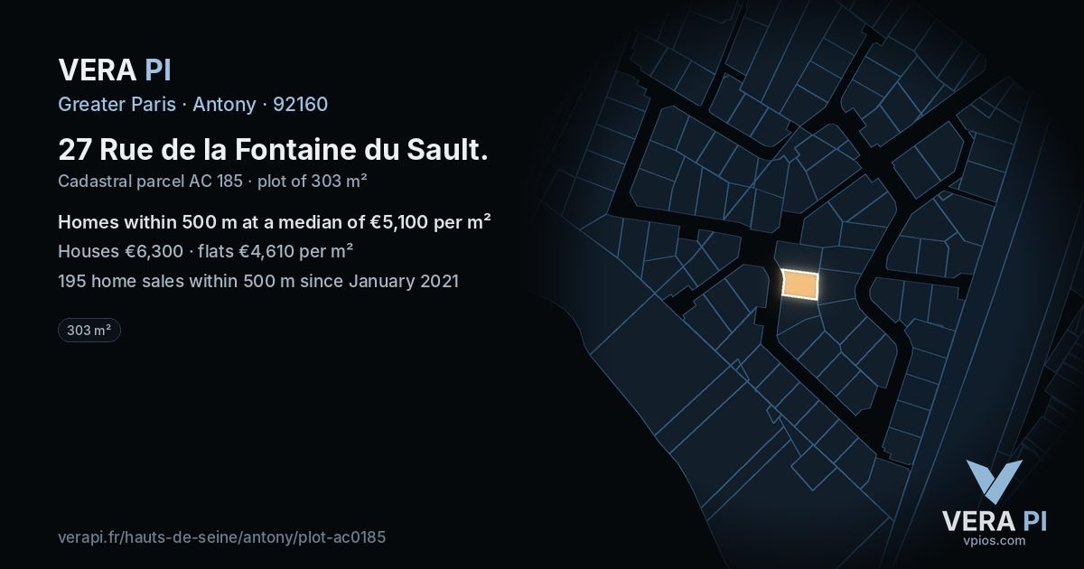 27 Rue de la Fontaine du Sault, Antony at night – the plot lit, the parcels around coloured by the prices near them
